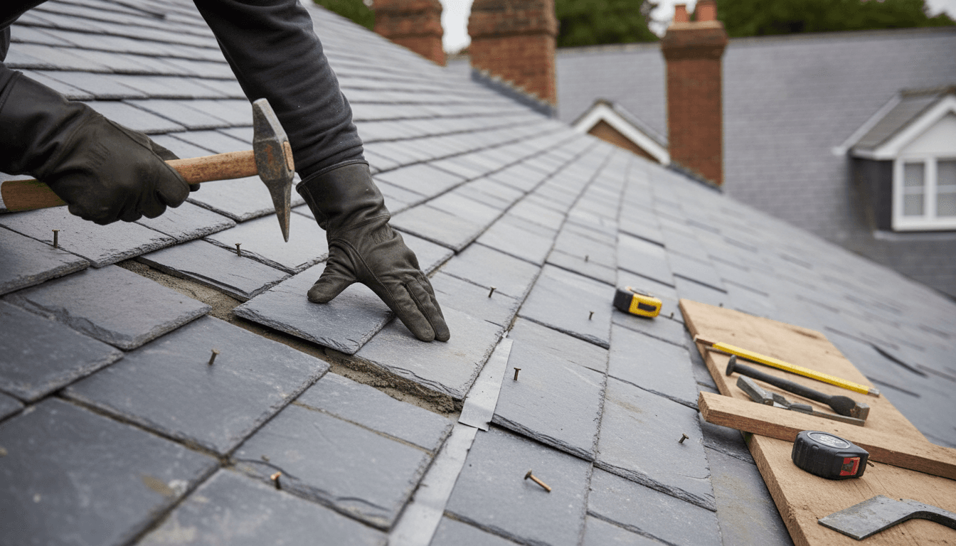Emergency roof repair with new slate tiles on residential property