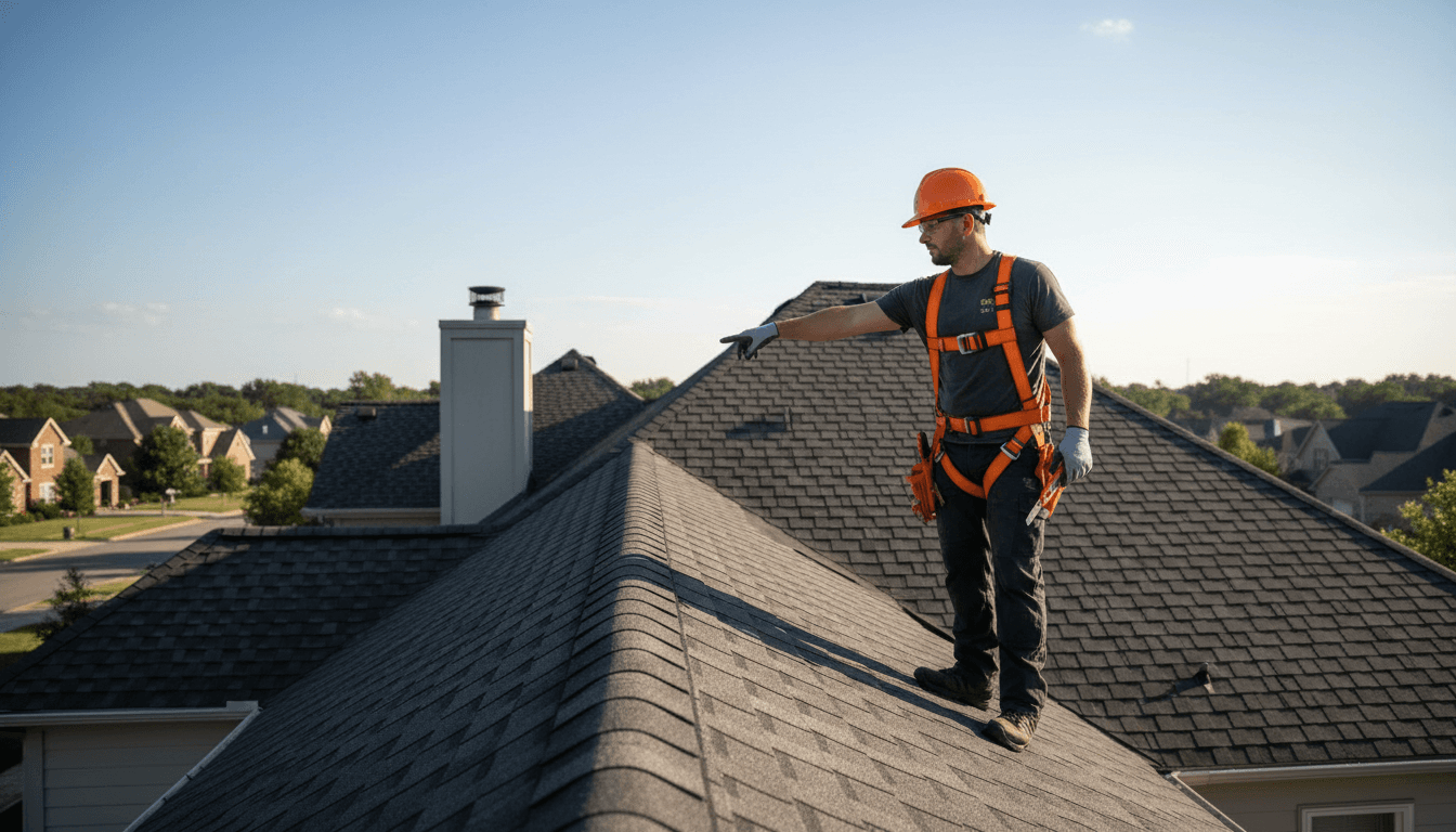 Professional roofer working on residential roof repair