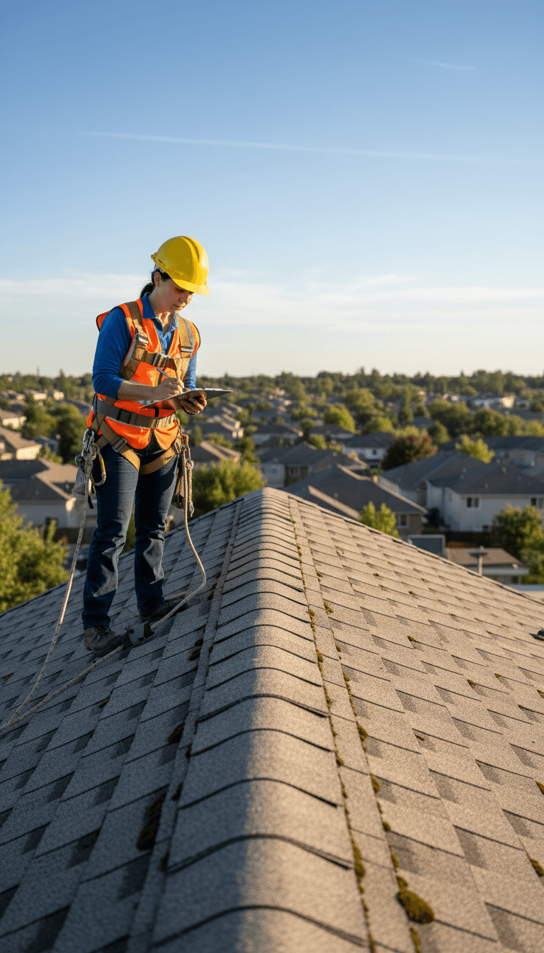 Roofer inspecting residential roof in Drogheda