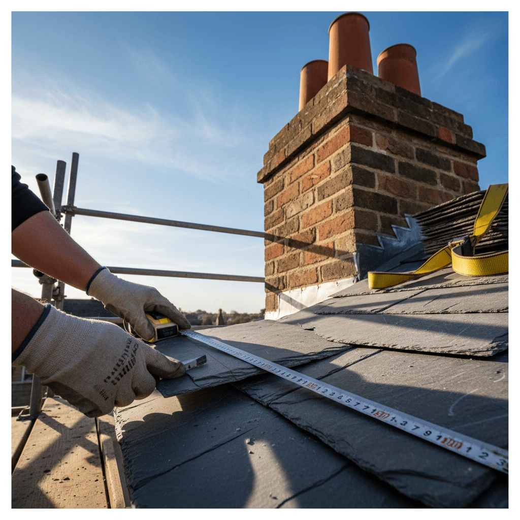 Roofer's hands precisely cutting slate tiles on residential roofline with brick chimney detail visible