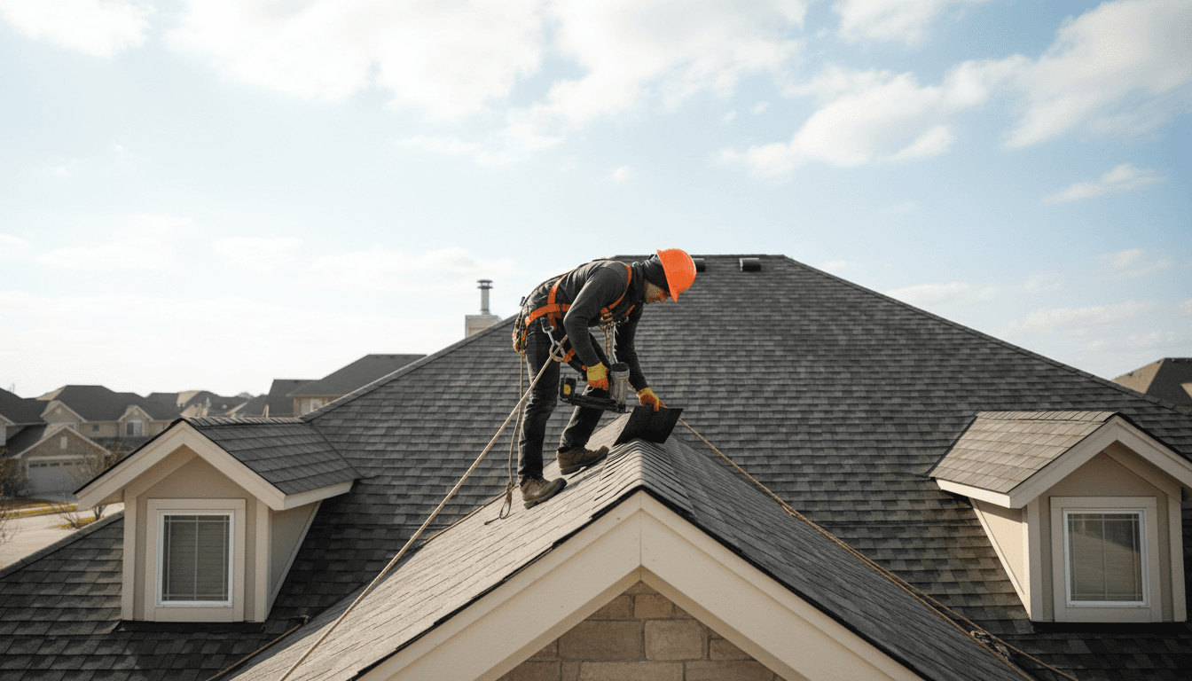Professional roofer conducting emergency roof repairs on residential home