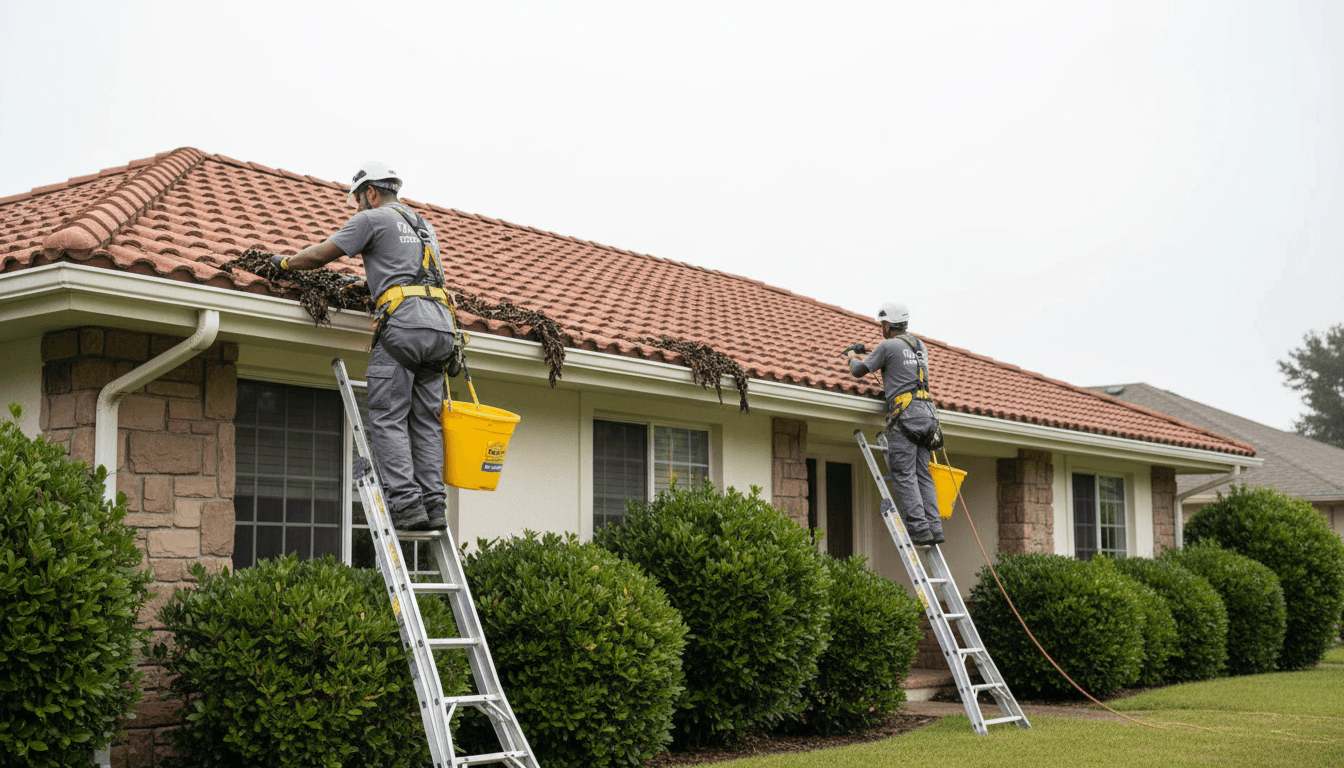 Gutter cleaning service on residential home exterior