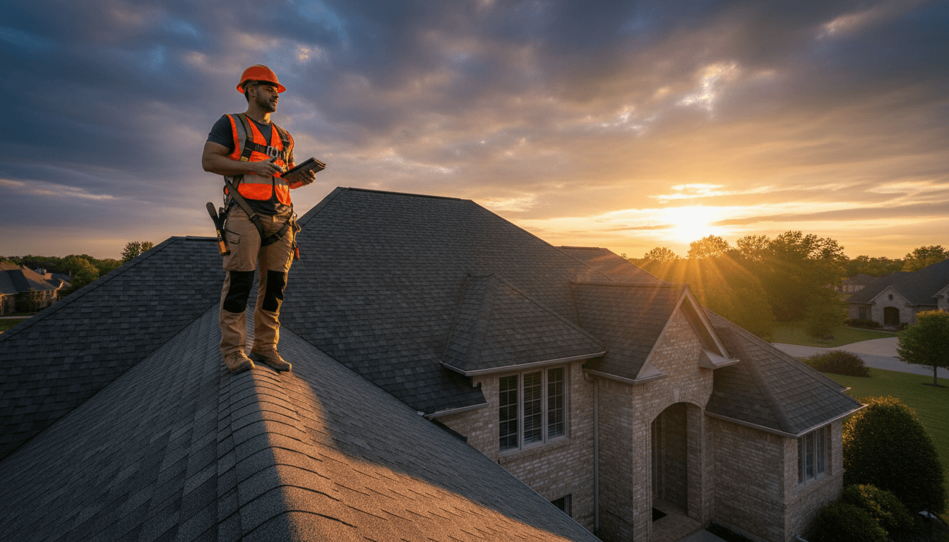 Roofer performing emergency roof repair on residential home
