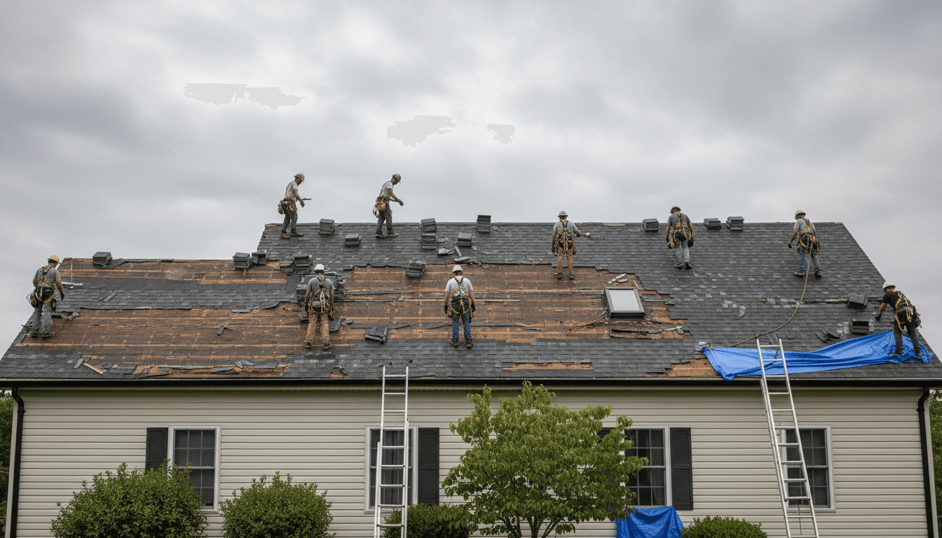Storm damage roof repair with new sections replaced