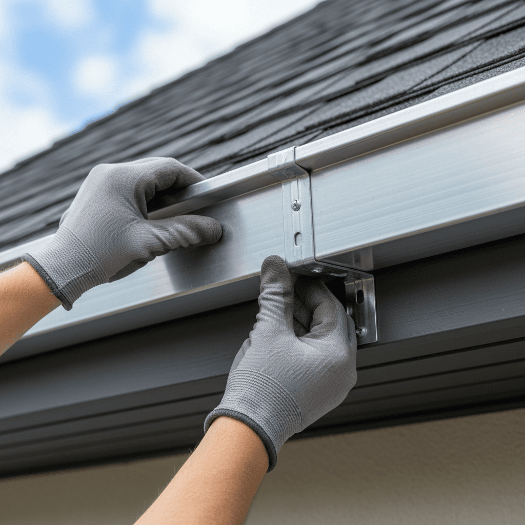 Technician hands installing seamless aluminum gutter with fasteners along residential roofline in daylight