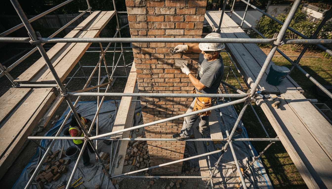 Experienced mason repairing brick chimney on scaffolding with afternoon light, showing skilled mortar work on residential masonry project.