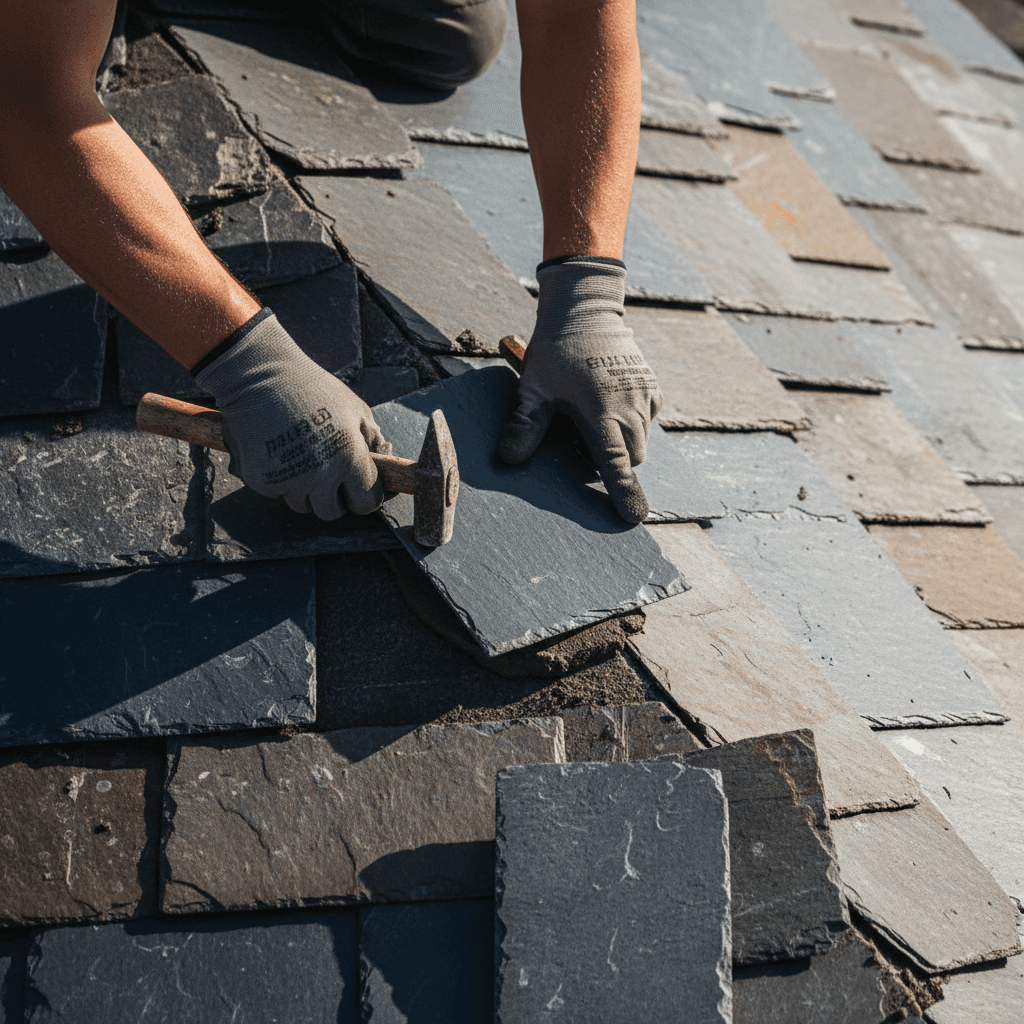 Roofer's hands installing slate tiles on residential roof with specialized tools and materials