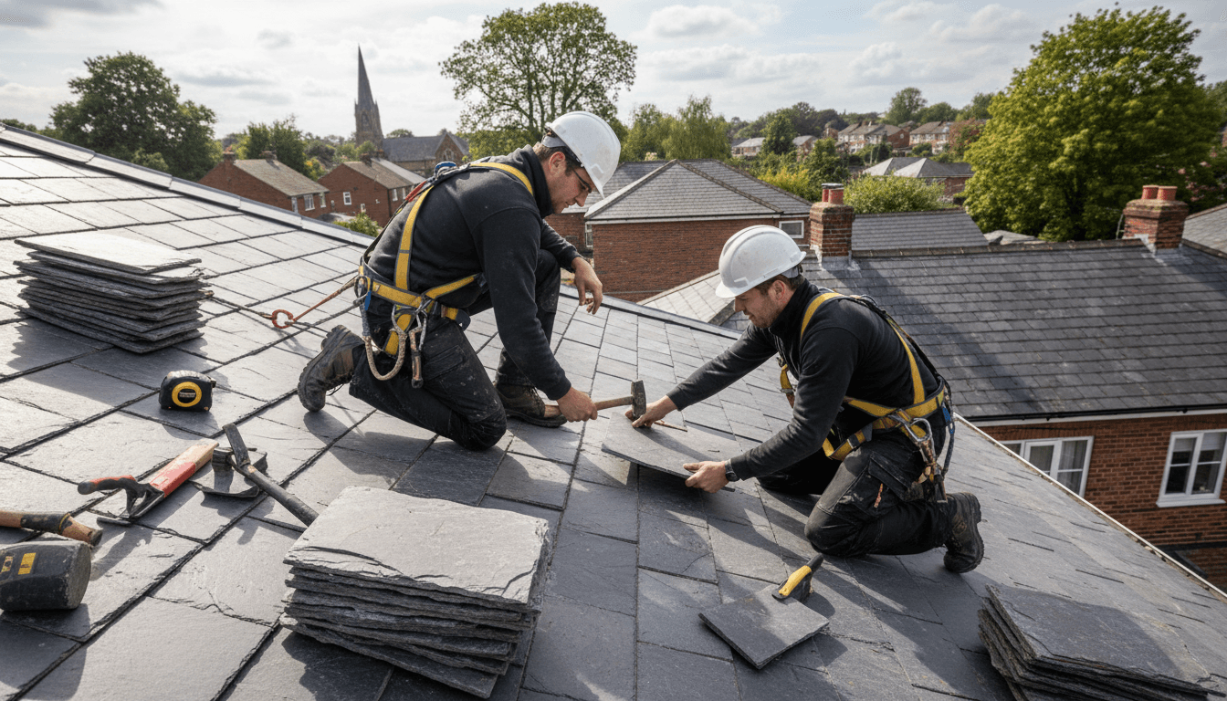 Two skilled roofers installing slate tiles on pitched residential roof with visible safety equipment