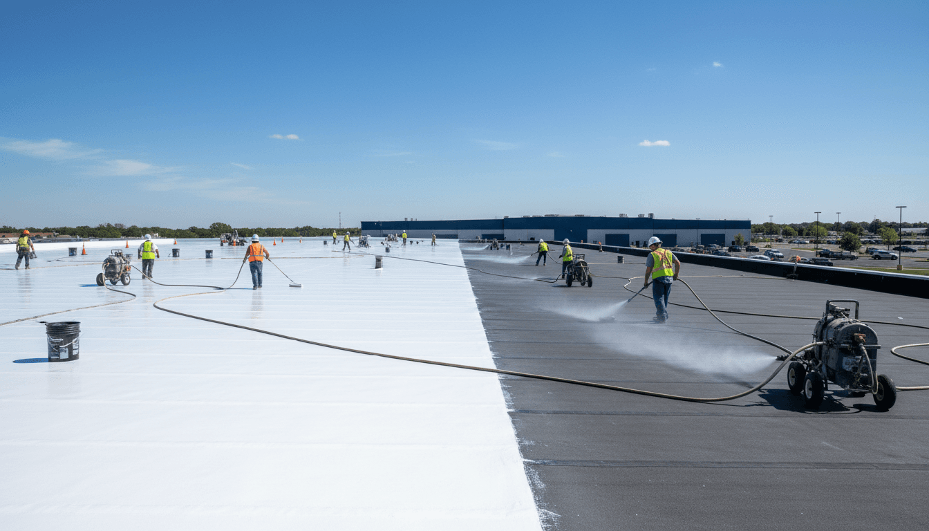 Flat roof maintenance and protective coating application