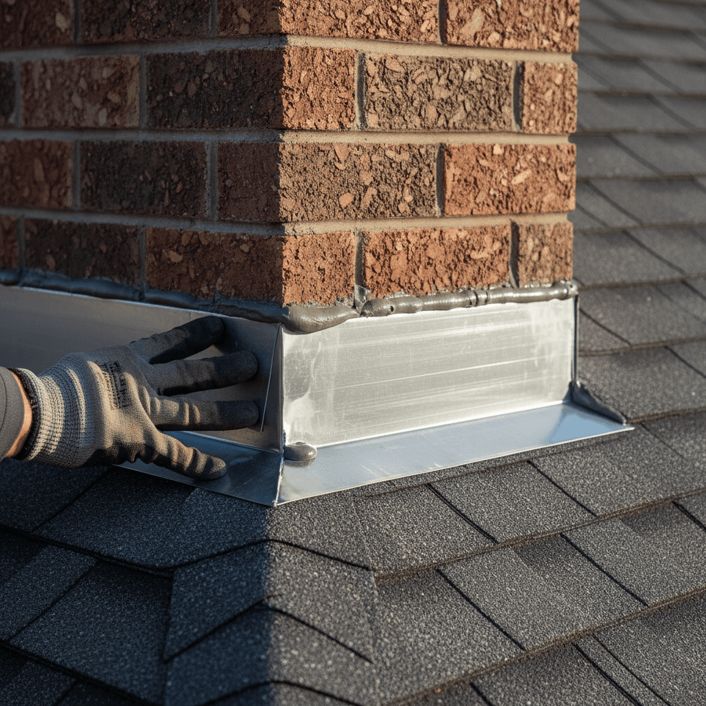Chimney leak detection and flashing repair on roof