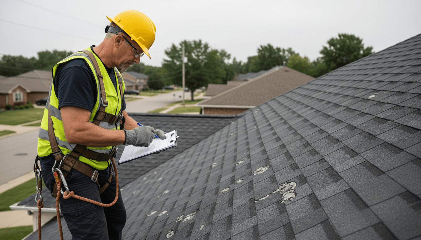 Experienced roofer inspecting storm damage on residential property